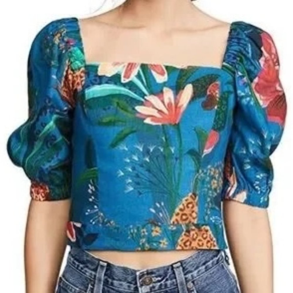 FARM Rio Blue Jungle Puff Sleeve Crop top Size XS